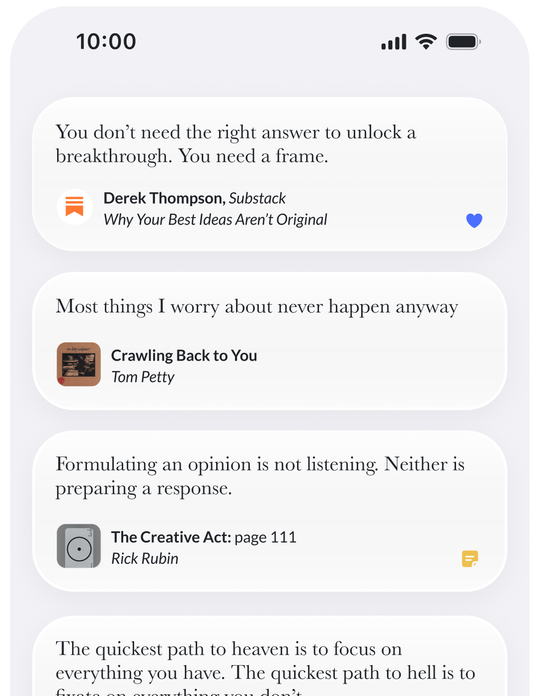 A library of saved quotes with their sources